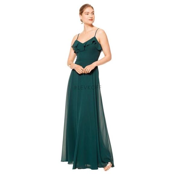 Bill Levkoff Bridesmaid Dress Dark Green Full Length Chiffon Spaghetti Strap 14 - Picture 1 of 9